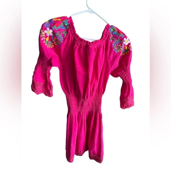 Mexican Embroidered Pink Elastic Waist 3/4 Sleeves Crochet Cotton Mini Dress S/M - Picture 4 of 12